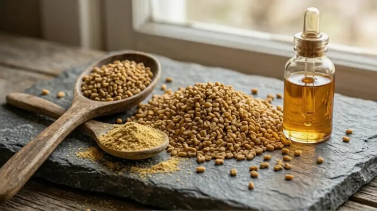 بذور الحلبة الذهبية على سطح حجري داكن مع ملعقة خشبية وزجاجة زيت الحلبة بقطارة، ألوان ترابية دافئة