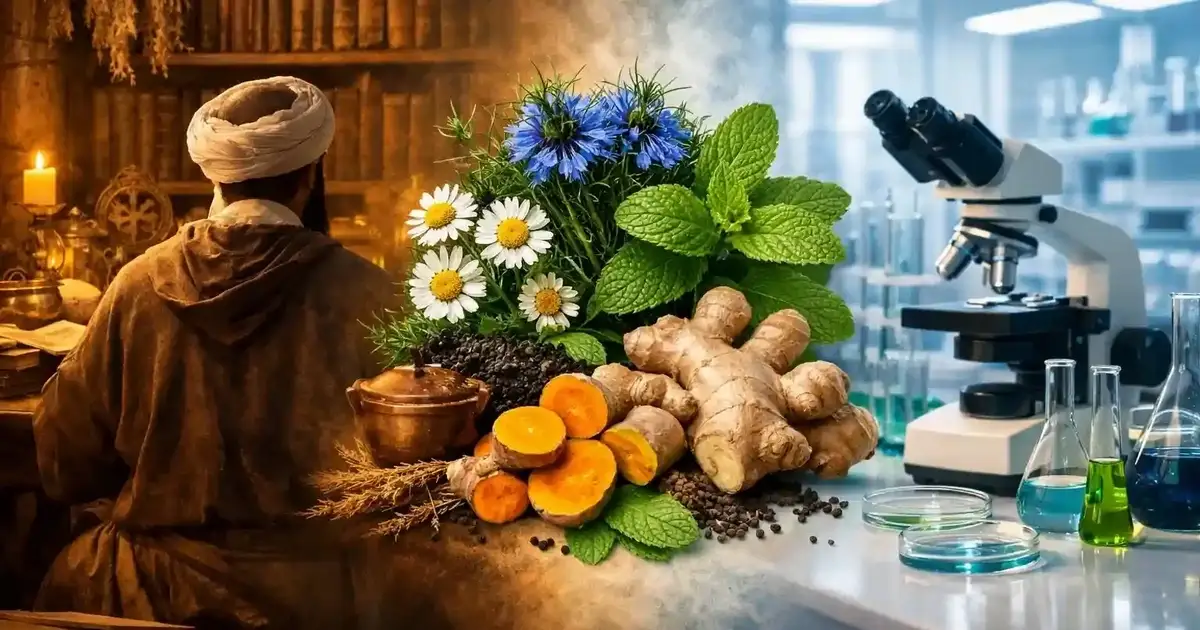 أعشاب طبية بين التراث الطبي العربي والعلم الحديث — حبة السوداء والكركم والزنجبيل والبابونج