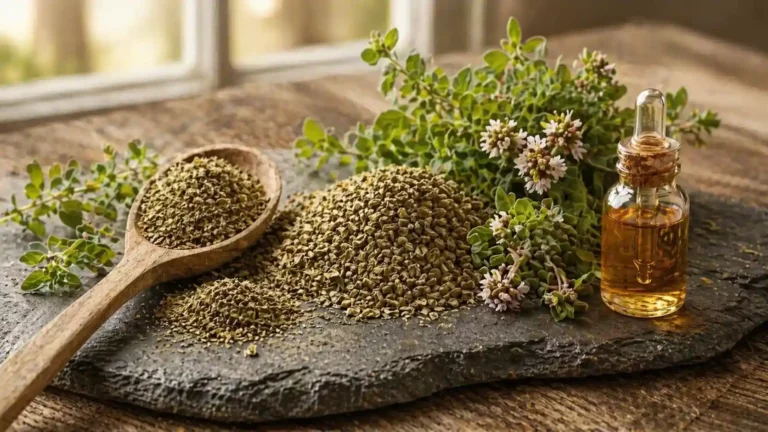 زيت البردقوش وأوراق البردقوش المجففة والطازجة في مشهد طبيعي دافئ يبرز فوائد البردقوش العلاجية لتنظيم الهرمونات ودعم صحة المبايض