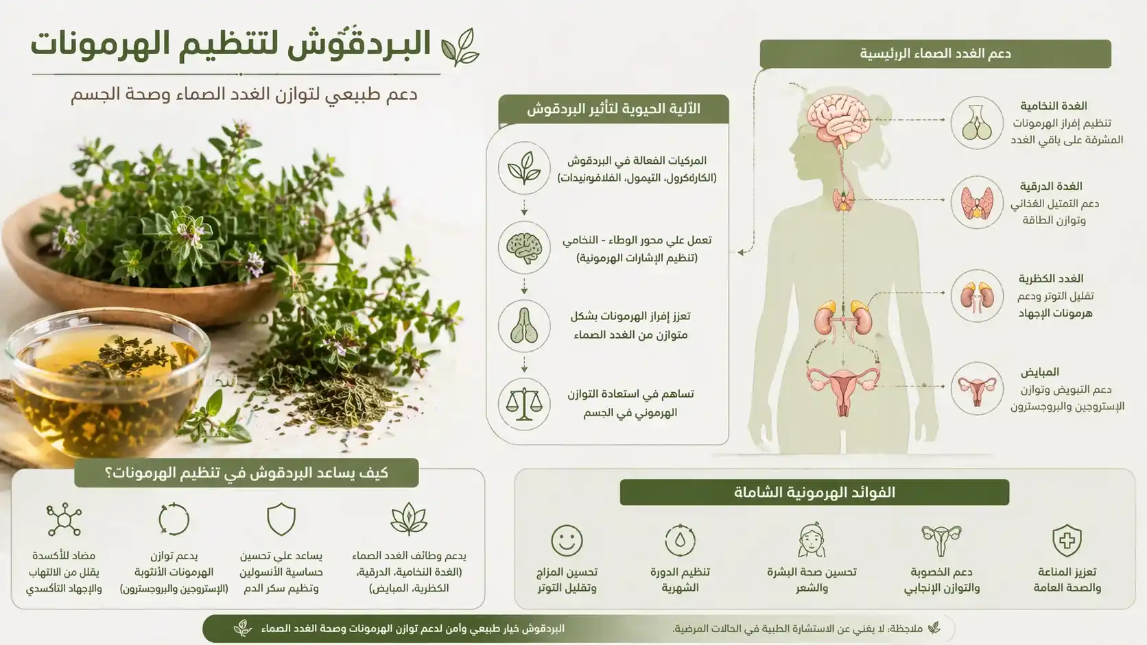 شرح بيولوجي لآلية فوائد البردقوش للهرمونات وتنظيم الغدد الصماء