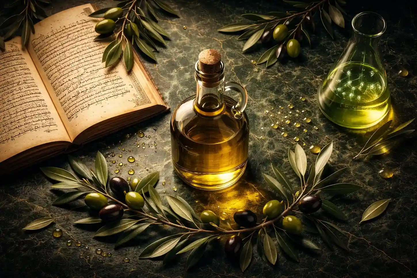زيت الزيتون البكر الممتاز في زجاجة محاطة بأغصان الزيتون الطازجة ومخطوطة عربية قديمة وأنبوب علمي يرمز إلى الفوائد الطبية المثبتة علميا