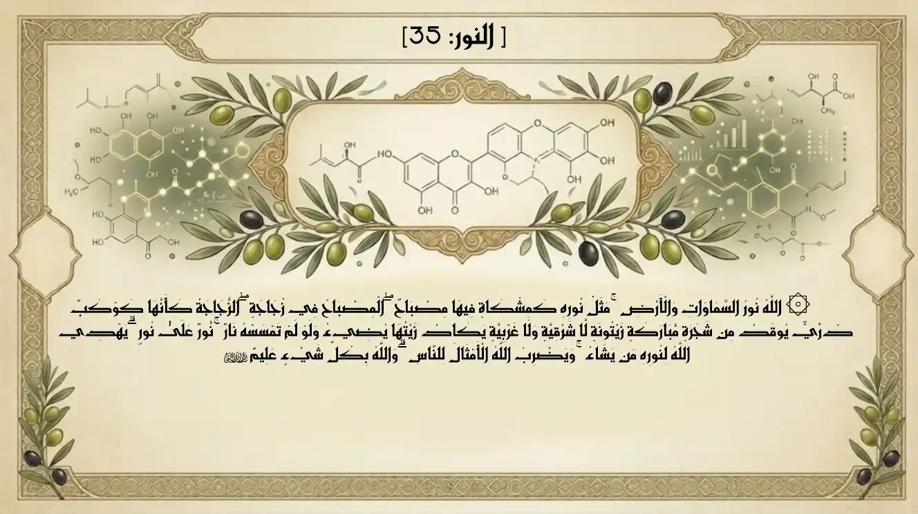 آية من سورة النور عن شجرة الزيتون المباركة، تصميم زخرفي إسلامي فاخر يحيط به أغصان الزيتون مع تمثيل بصري لجزيئات تشير إلى الفوائد الصحية لزيت الزيتون