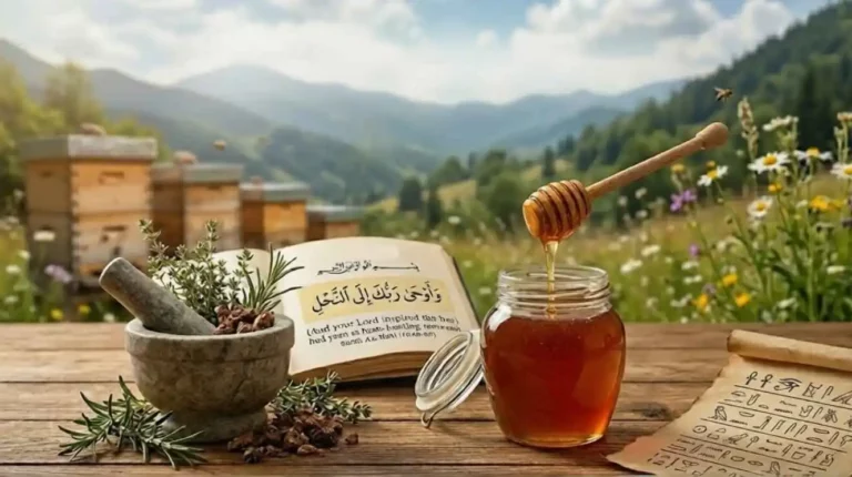 صورة لوعاء من العسل طبيعي ومصحف مفتوح على سورة النحل، بجوار أعشاب طبية ومخطوطة فرعونية على خلفية مناحل جبلية.