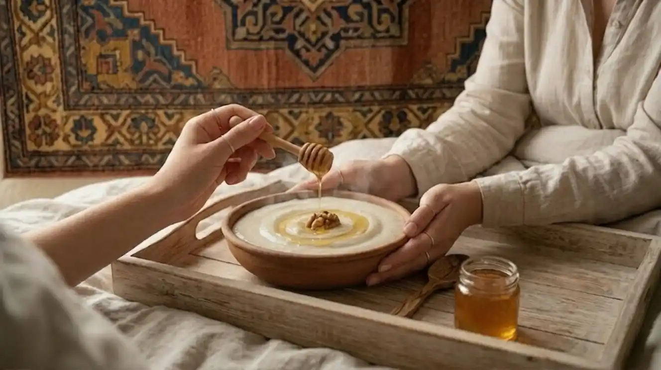 وجبة التلبينة النبوية الدافئة في الصباح الباكر مع العسل الطبيعي