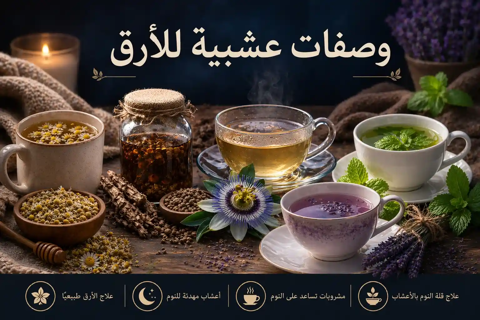 صورة توضح وصفات عشبية للأرق تشمل البابونج والخزامى والناردين وأعشاب مهدئة تساعد على النوم بشكل طبيعي